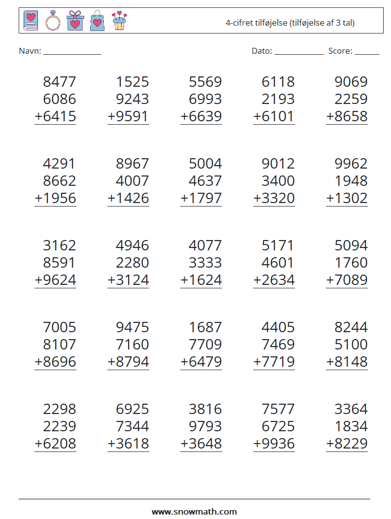 (25) 4-cifret tilføjelse (tilføjelse af 3 tal) Matematiske regneark 8