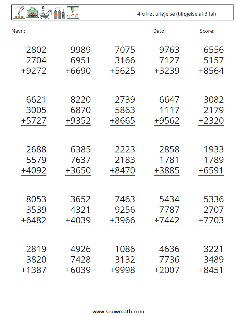 (25) 4-cifret tilføjelse (tilføjelse af 3 tal) Matematiske regneark 9