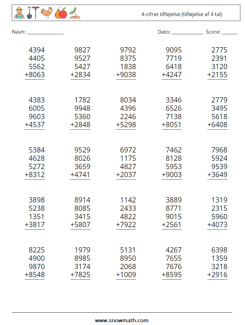 (25) 4-cifret tilføjelse (tilføjelse af 4 tal) Matematiske regneark 12