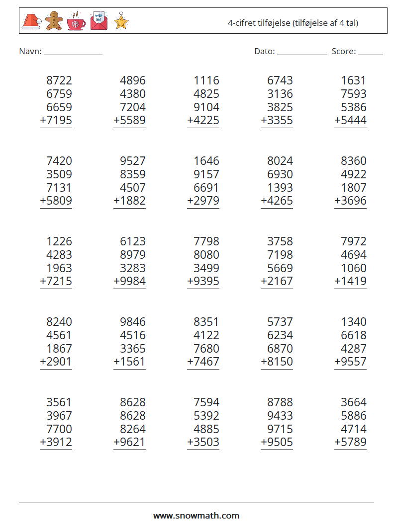 (25) 4-cifret tilføjelse (tilføjelse af 4 tal) Matematiske regneark 17