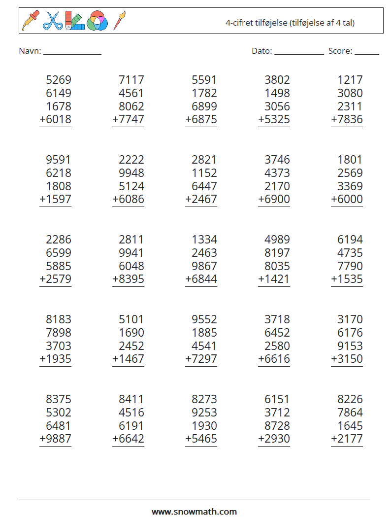 (25) 4-cifret tilføjelse (tilføjelse af 4 tal) Matematiske regneark 2