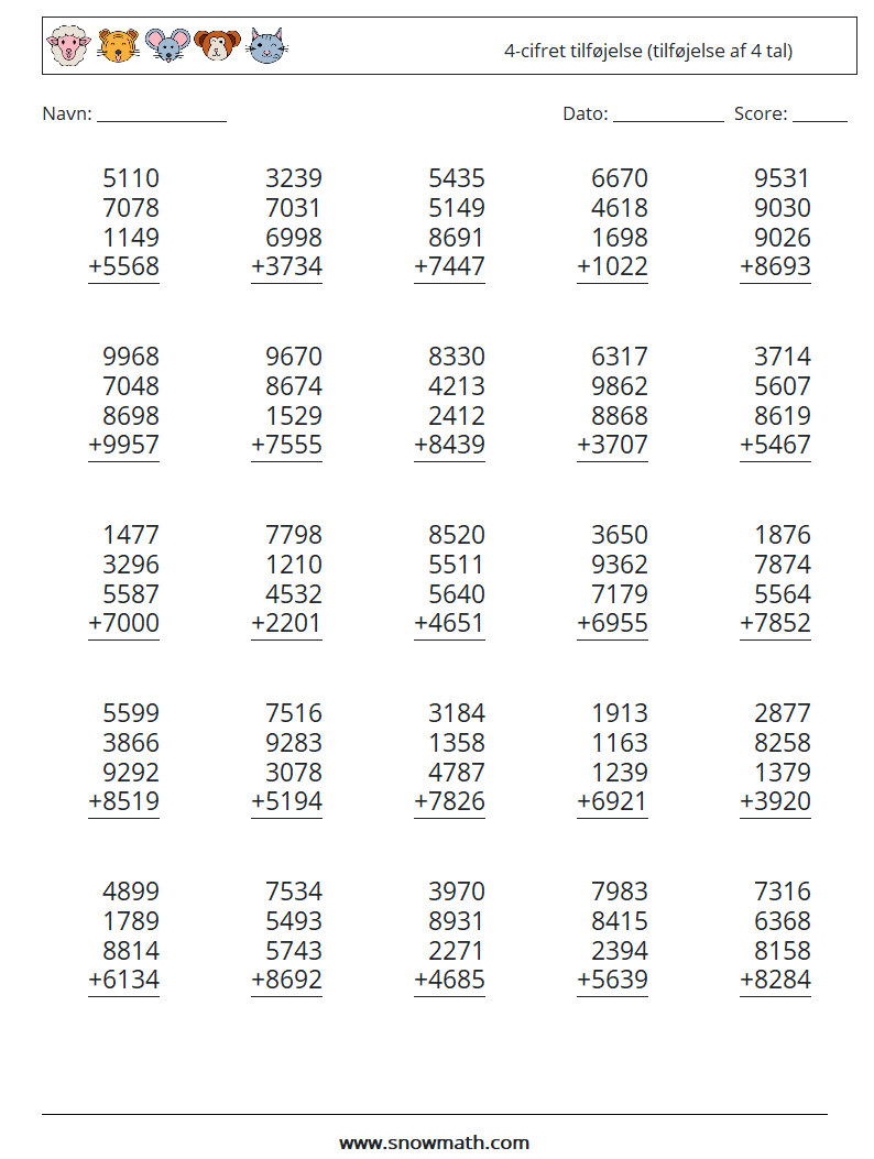 (25) 4-cifret tilføjelse (tilføjelse af 4 tal) Matematiske regneark 4