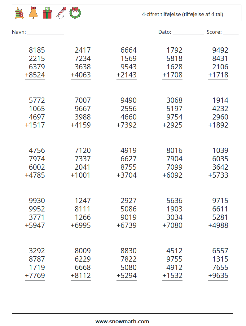 (25) 4-cifret tilføjelse (tilføjelse af 4 tal) Matematiske regneark 5