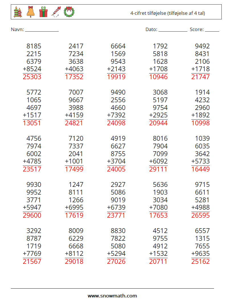 (25) 4-cifret tilføjelse (tilføjelse af 4 tal) Matematiske regneark 5 Spørgsmål, svar