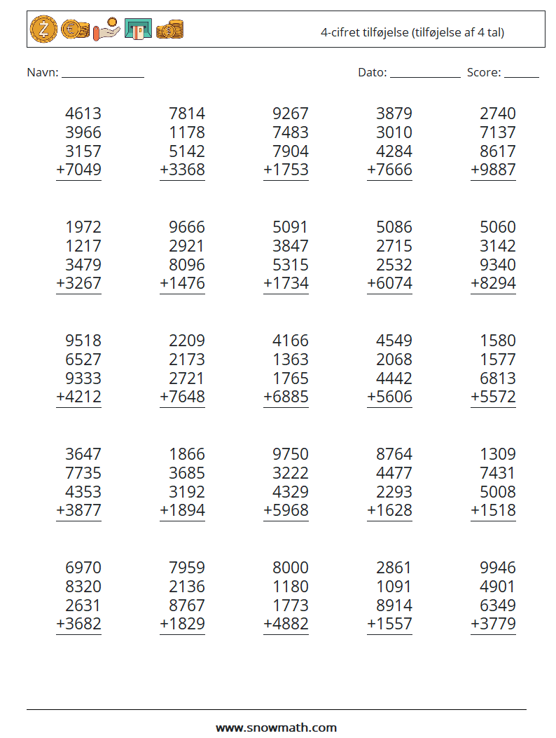 (25) 4-cifret tilføjelse (tilføjelse af 4 tal) Matematiske regneark 6