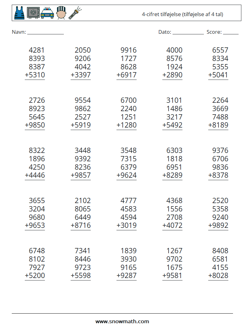 (25) 4-cifret tilføjelse (tilføjelse af 4 tal) Matematiske regneark 7