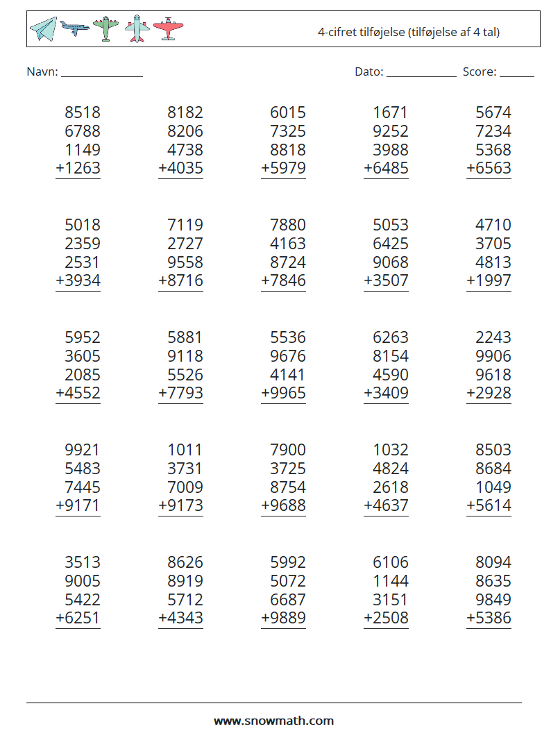 (25) 4-cifret tilføjelse (tilføjelse af 4 tal) Matematiske regneark 8