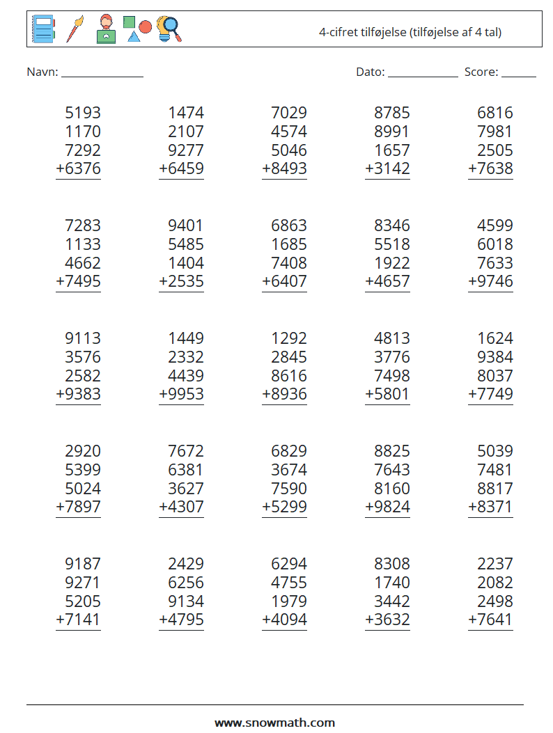 (25) 4-cifret tilføjelse (tilføjelse af 4 tal) Matematiske regneark 9
