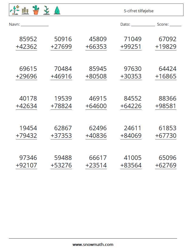 (25) 5-cifret tilføjelse Matematiske regneark 12