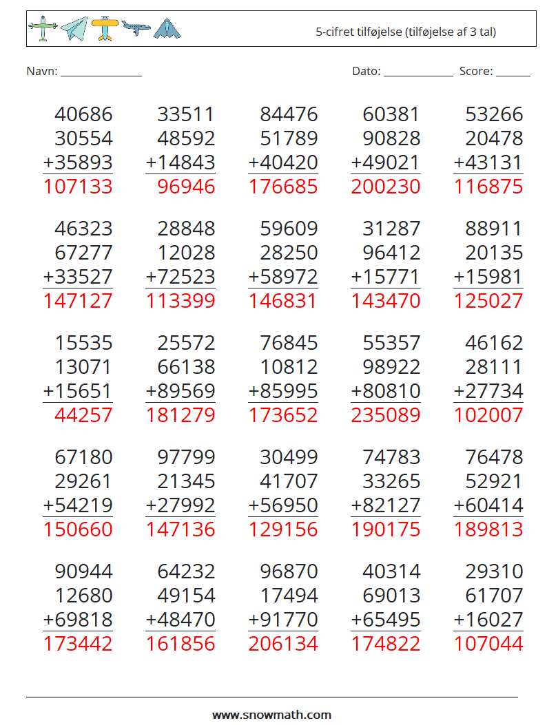 (25) 5-cifret tilføjelse (tilføjelse af 3 tal) Matematiske regneark 10 Spørgsmål, svar