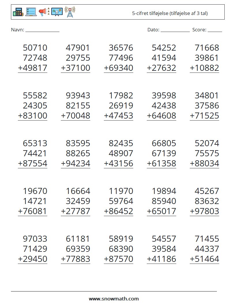 (25) 5-cifret tilføjelse (tilføjelse af 3 tal) Matematiske regneark 11