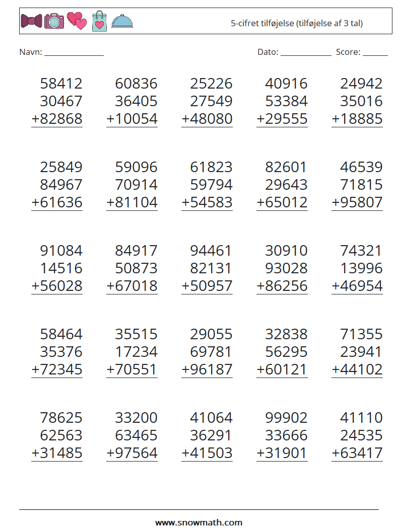 (25) 5-cifret tilføjelse (tilføjelse af 3 tal) Matematiske regneark 12