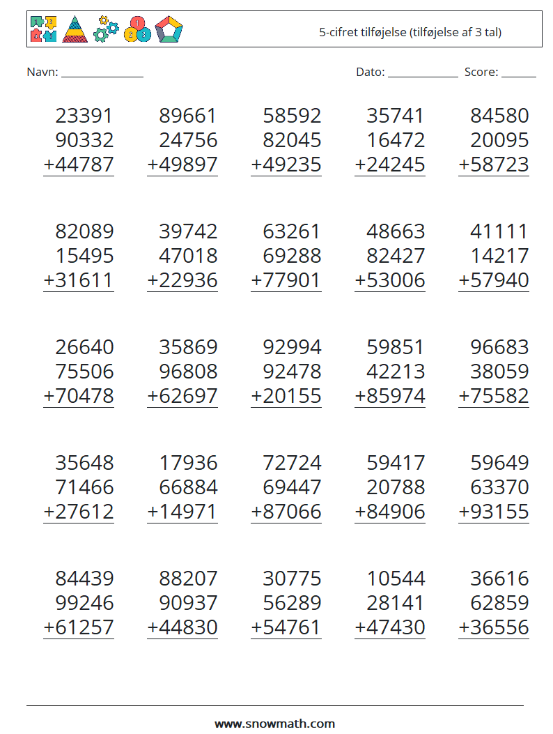 (25) 5-cifret tilføjelse (tilføjelse af 3 tal) Matematiske regneark 17
