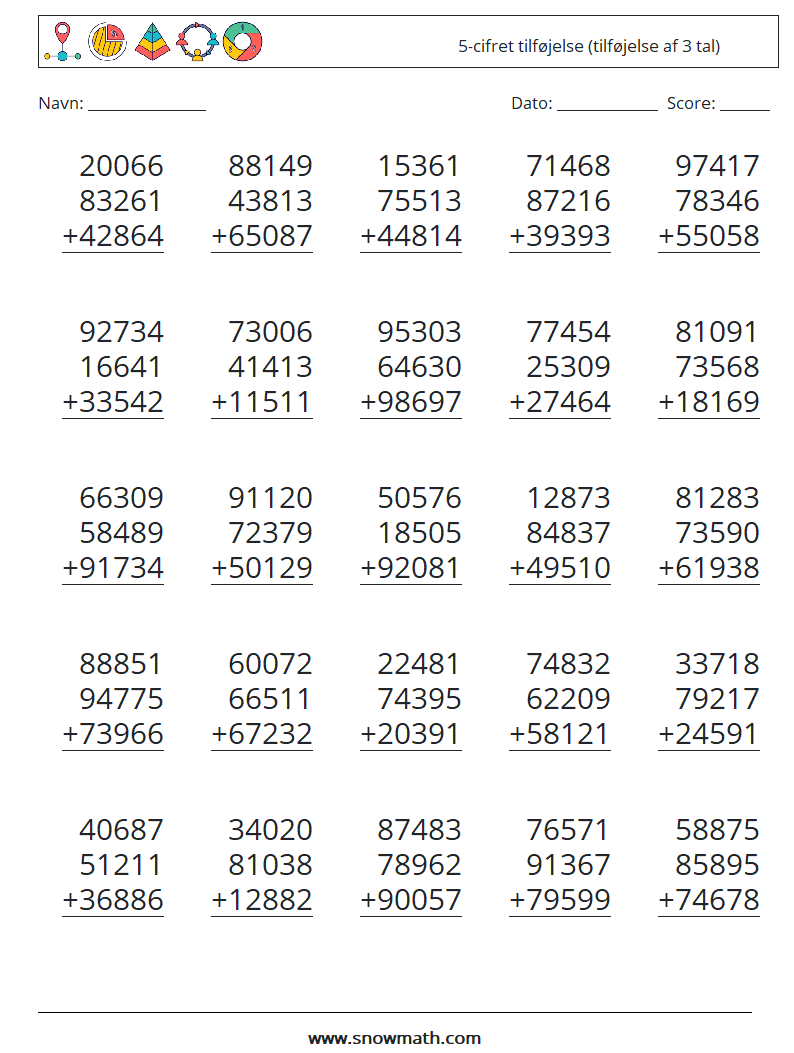 (25) 5-cifret tilføjelse (tilføjelse af 3 tal) Matematiske regneark 3