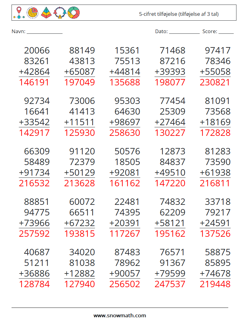(25) 5-cifret tilføjelse (tilføjelse af 3 tal) Matematiske regneark 3 Spørgsmål, svar