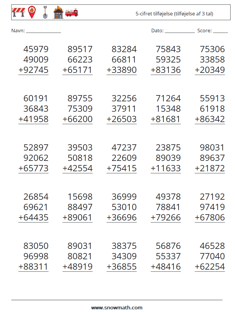 (25) 5-cifret tilføjelse (tilføjelse af 3 tal) Matematiske regneark 4