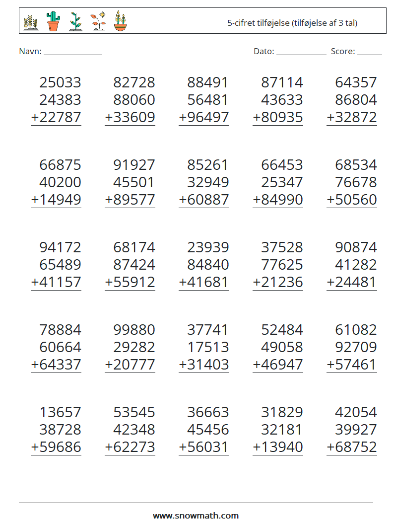 (25) 5-cifret tilføjelse (tilføjelse af 3 tal) Matematiske regneark 5