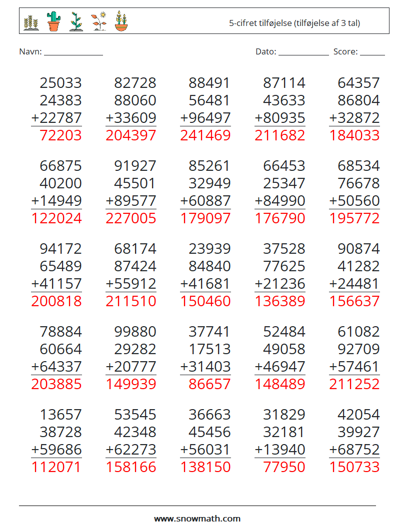 (25) 5-cifret tilføjelse (tilføjelse af 3 tal) Matematiske regneark 5 Spørgsmål, svar