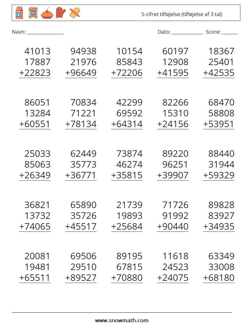 (25) 5-cifret tilføjelse (tilføjelse af 3 tal) Matematiske regneark 6