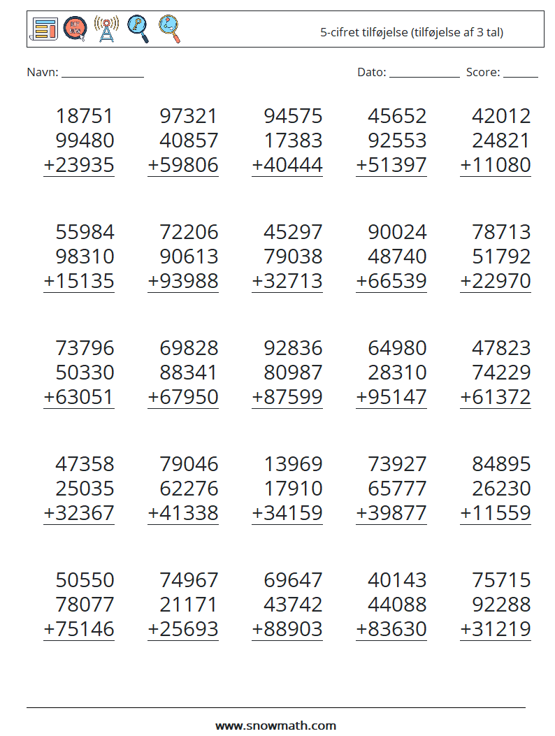 (25) 5-cifret tilføjelse (tilføjelse af 3 tal) Matematiske regneark 9