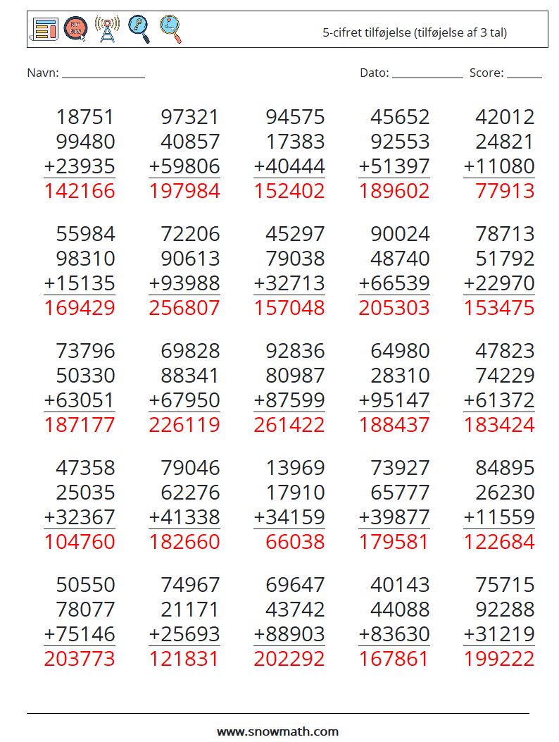 (25) 5-cifret tilføjelse (tilføjelse af 3 tal) Matematiske regneark 9 Spørgsmål, svar