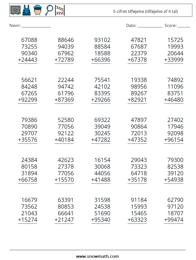 (25) 5-cifret tilføjelse (tilføjelse af 4 tal) Matematiske regneark 11