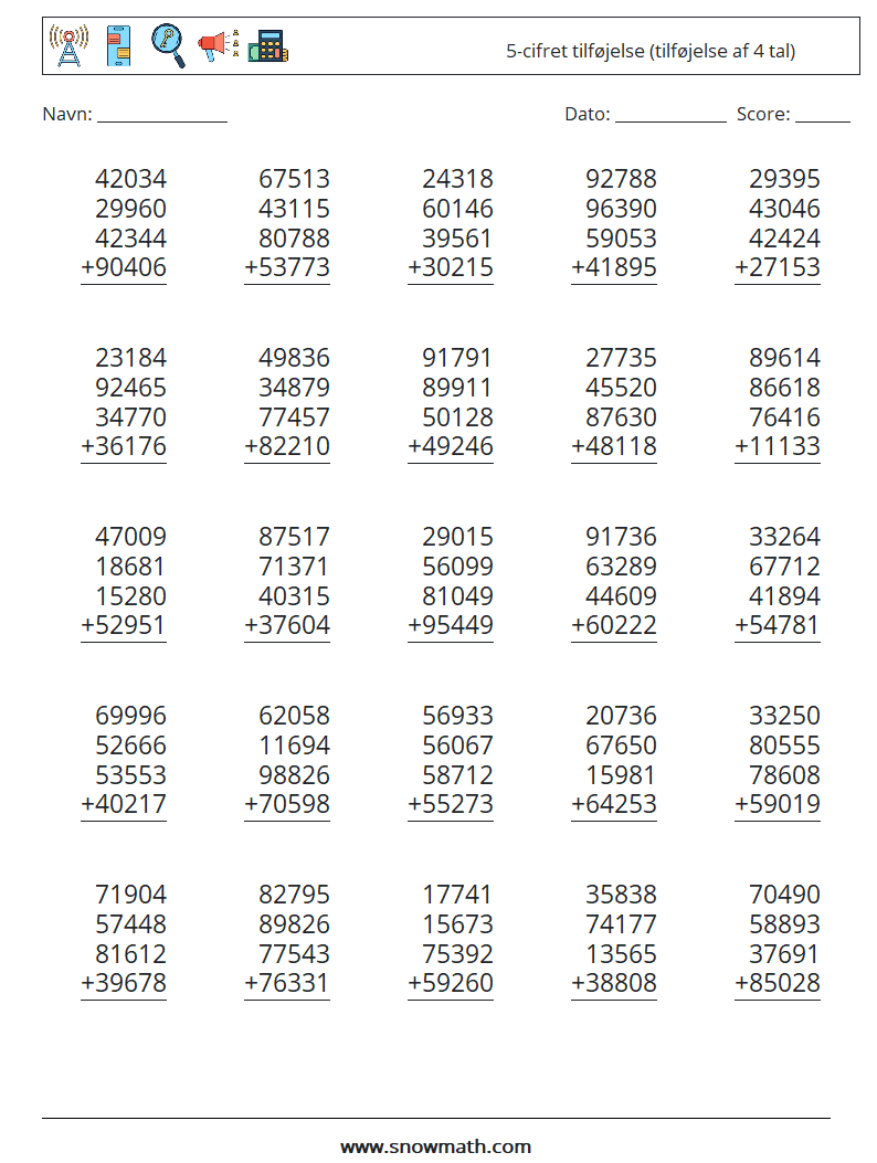 (25) 5-cifret tilføjelse (tilføjelse af 4 tal) Matematiske regneark 12