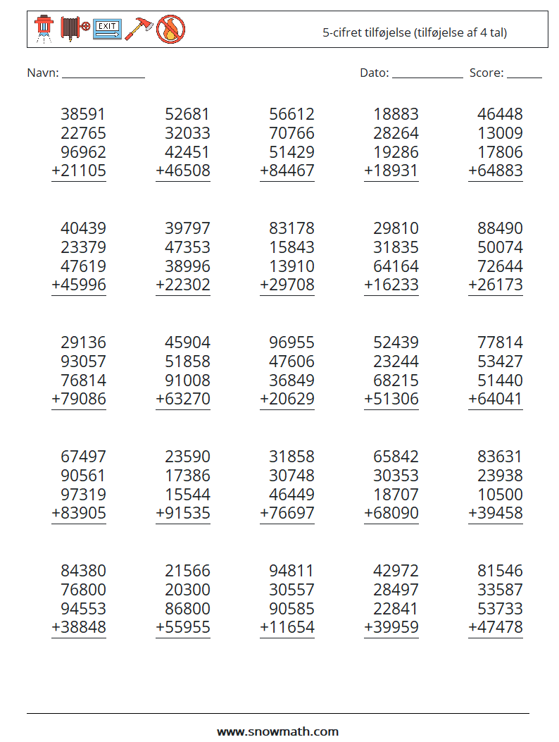 (25) 5-cifret tilføjelse (tilføjelse af 4 tal) Matematiske regneark 2