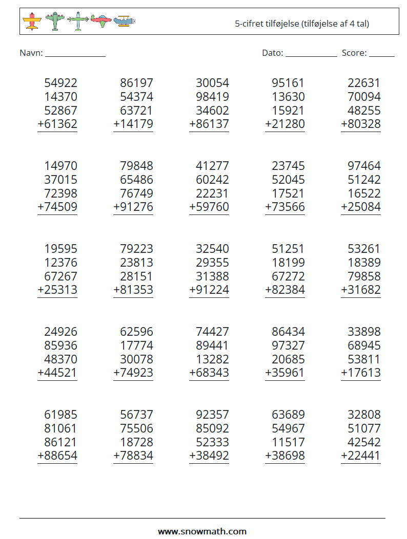 (25) 5-cifret tilføjelse (tilføjelse af 4 tal) Matematiske regneark 5