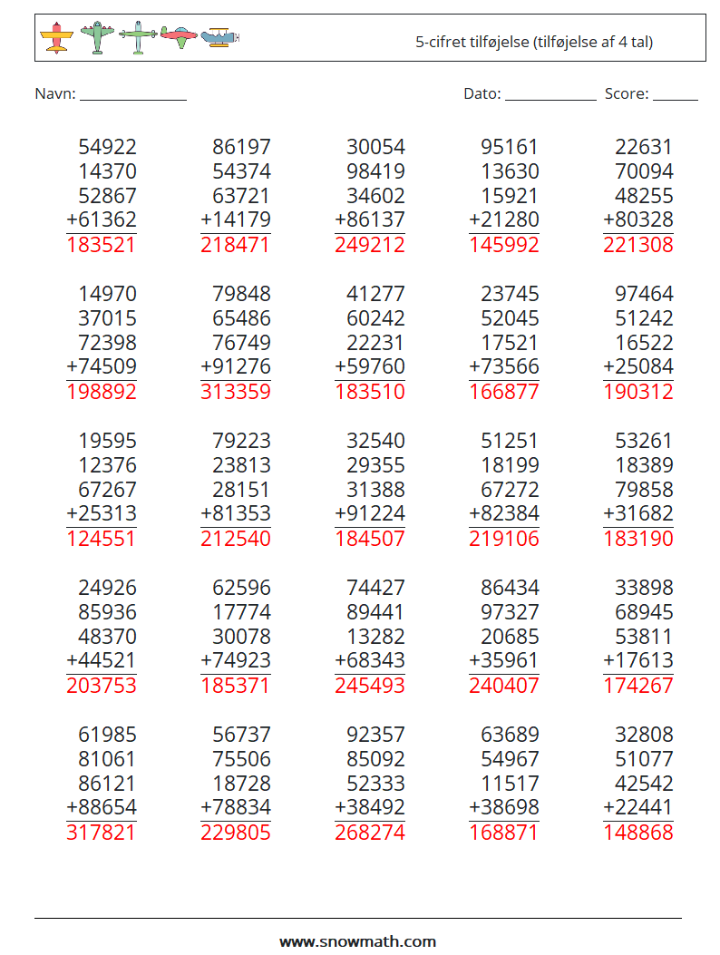 (25) 5-cifret tilføjelse (tilføjelse af 4 tal) Matematiske regneark 5 Spørgsmål, svar