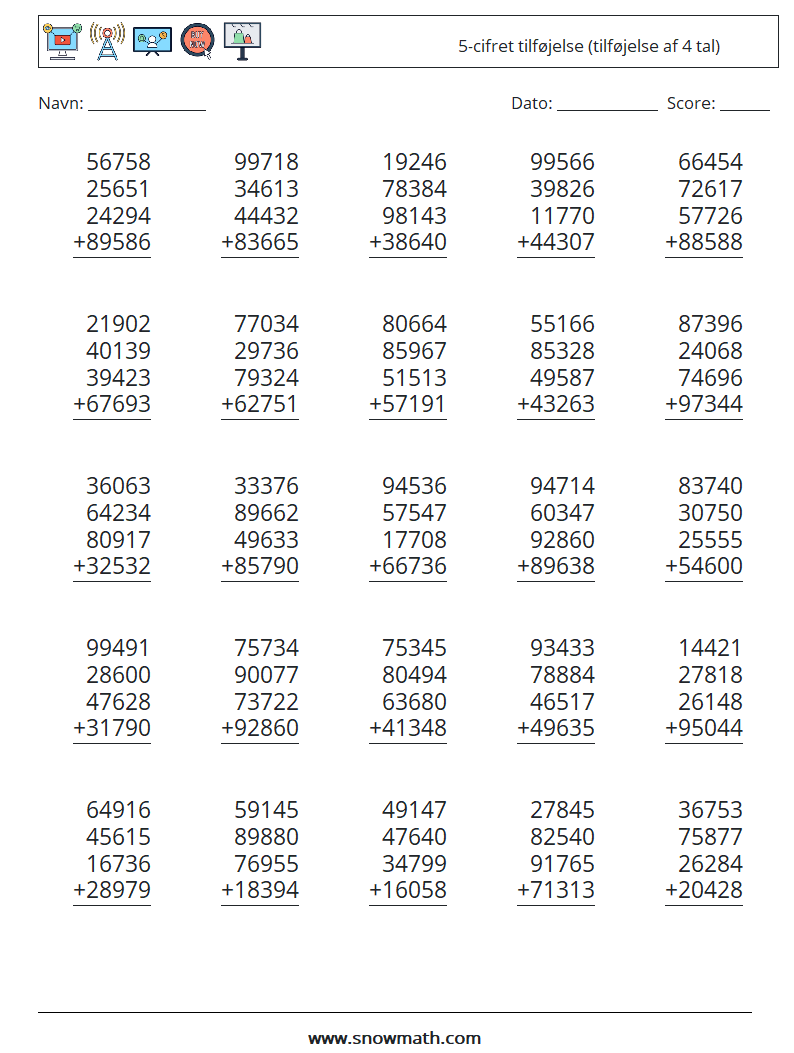 (25) 5-cifret tilføjelse (tilføjelse af 4 tal) Matematiske regneark 7