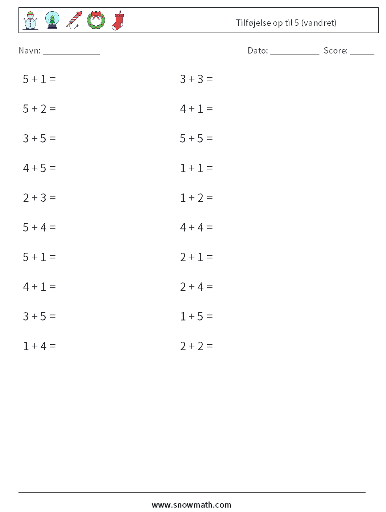 (20) Tilføjelse op til 5 (vandret) Matematiske regneark 1