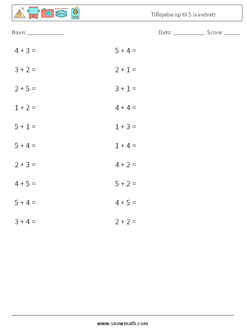 (20) Tilføjelse op til 5 (vandret) Matematiske regneark 2