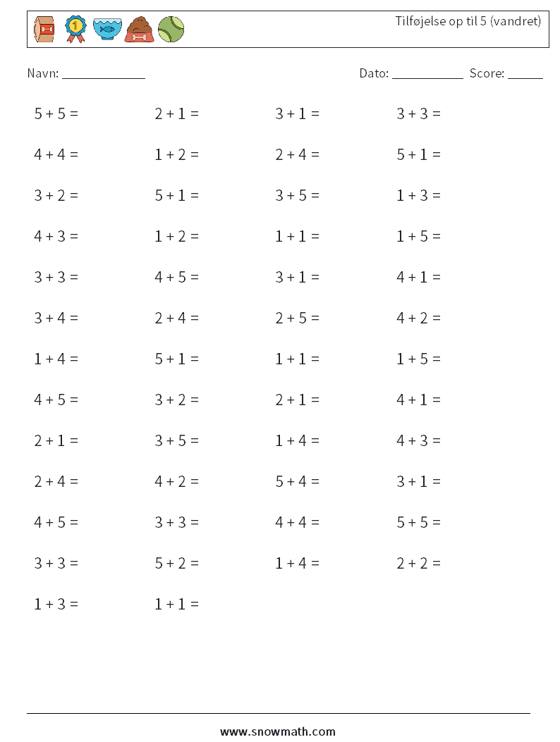 (50) Tilføjelse op til 5 (vandret) Matematiske regneark 1