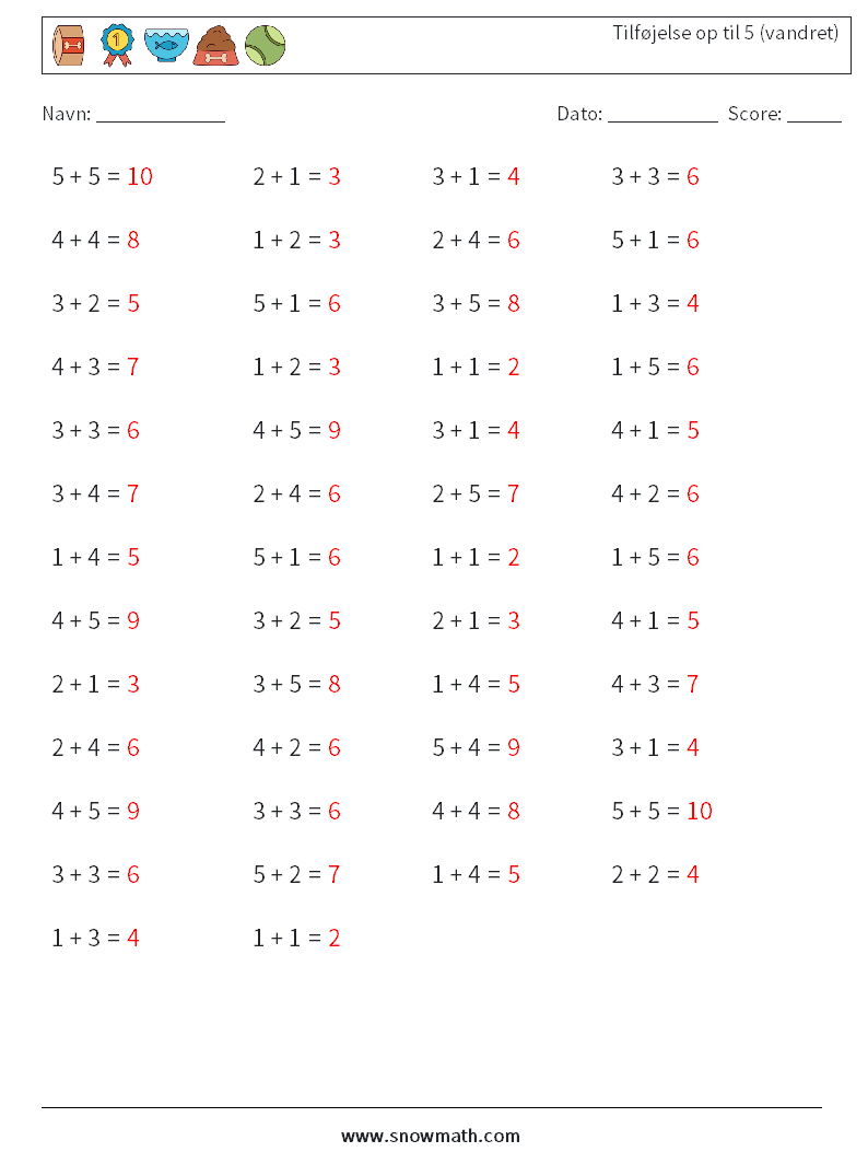 (50) Tilføjelse op til 5 (vandret) Matematiske regneark 1 Spørgsmål, svar