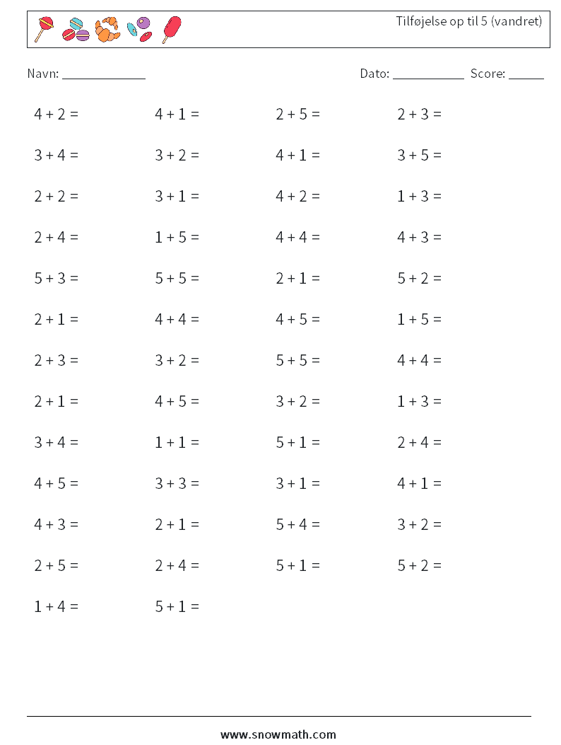 (50) Tilføjelse op til 5 (vandret) Matematiske regneark 2