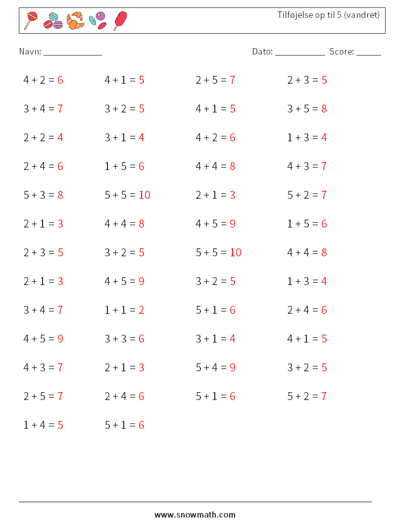 (50) Tilføjelse op til 5 (vandret) Matematiske regneark 2 Spørgsmål, svar
