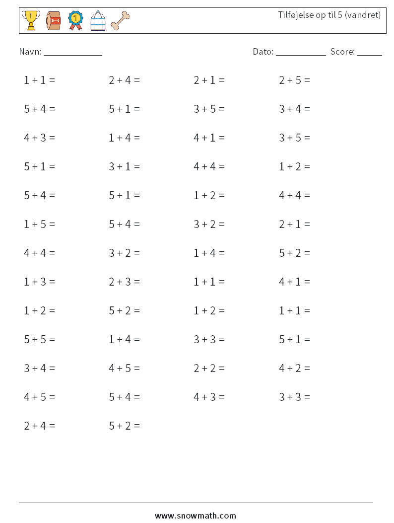 (50) Tilføjelse op til 5 (vandret) Matematiske regneark 3