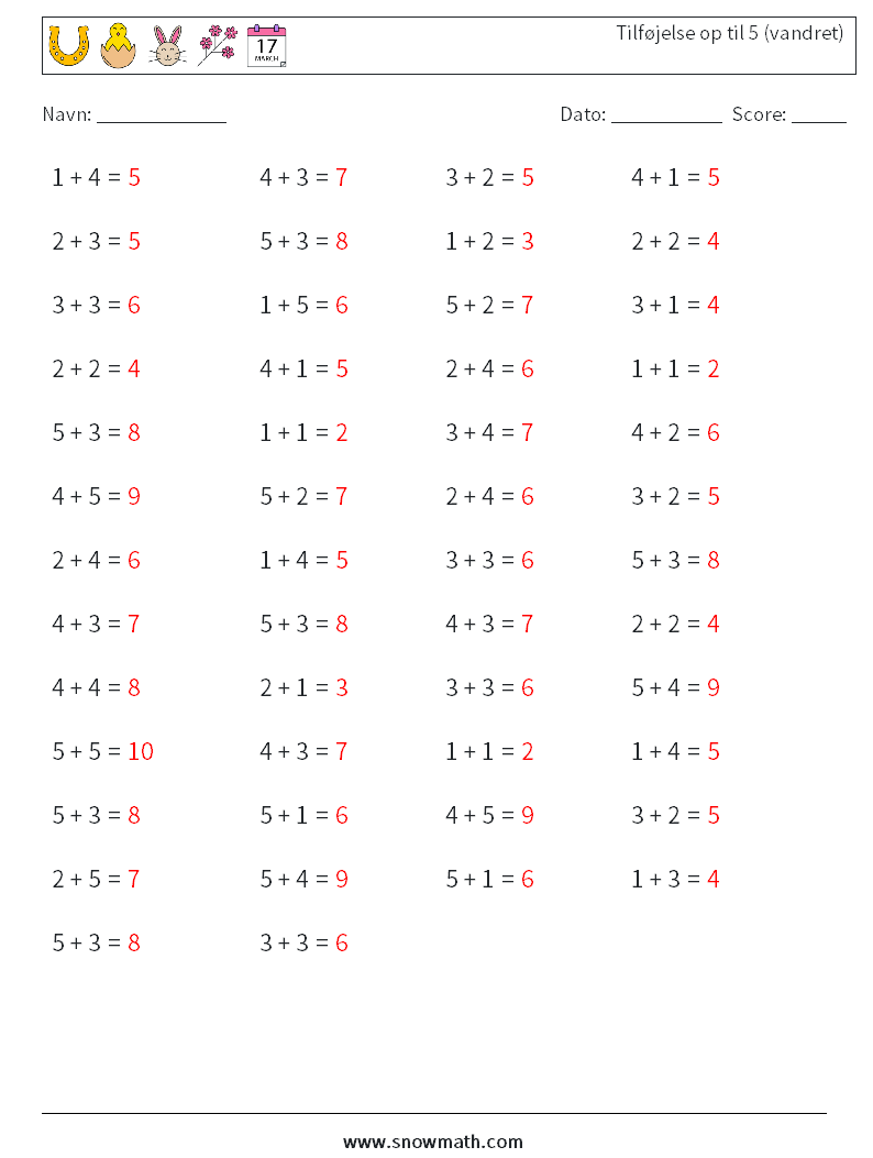 (50) Tilføjelse op til 5 (vandret) Matematiske regneark 4 Spørgsmål, svar