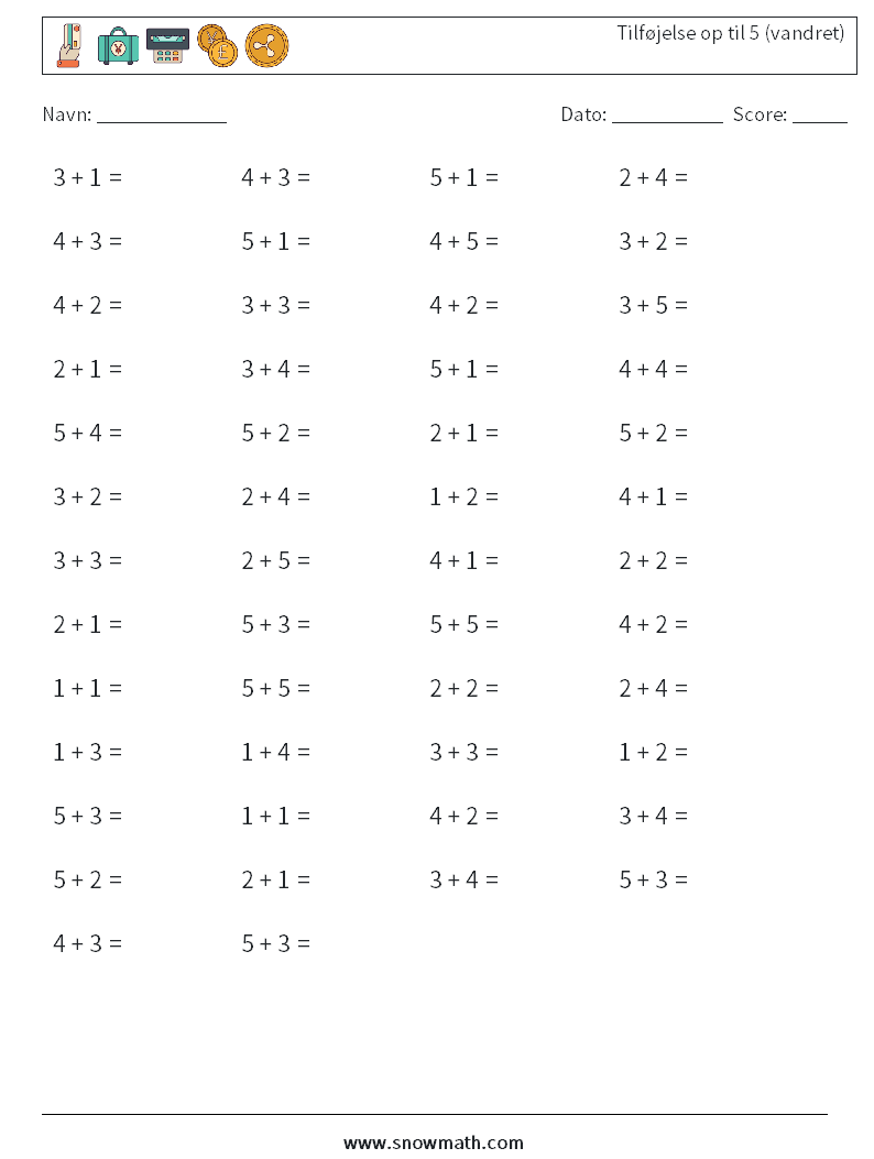 (50) Tilføjelse op til 5 (vandret) Matematiske regneark 5