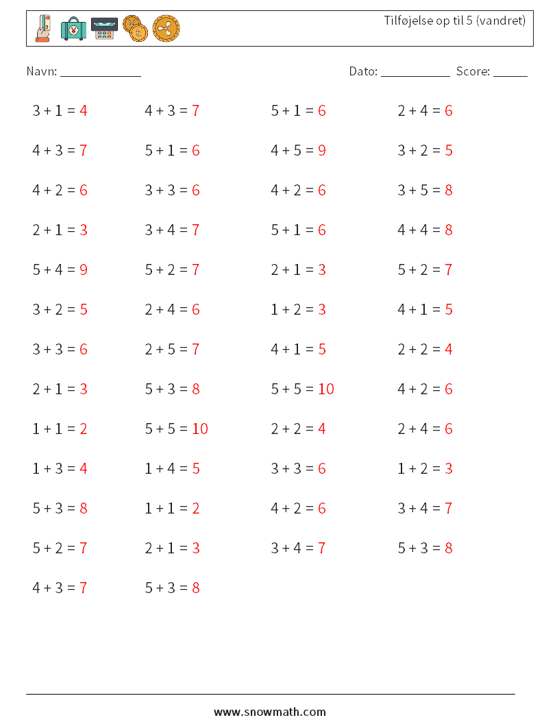 (50) Tilføjelse op til 5 (vandret) Matematiske regneark 5 Spørgsmål, svar