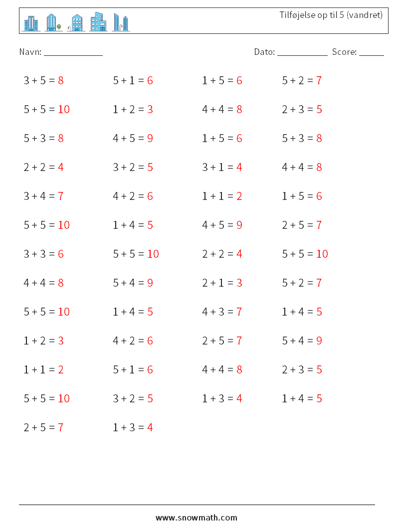 (50) Tilføjelse op til 5 (vandret) Matematiske regneark 7 Spørgsmål, svar