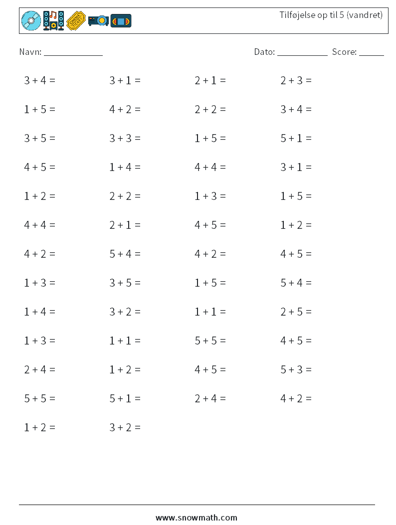 (50) Tilføjelse op til 5 (vandret) Matematiske regneark 8