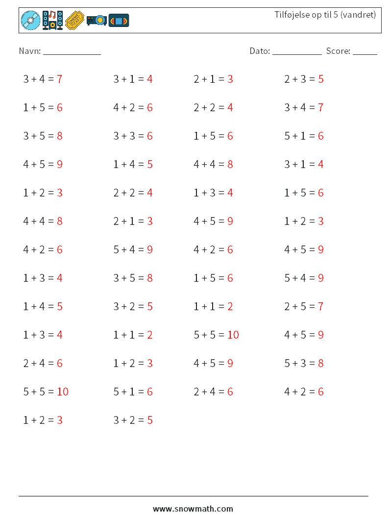 (50) Tilføjelse op til 5 (vandret) Matematiske regneark 8 Spørgsmål, svar