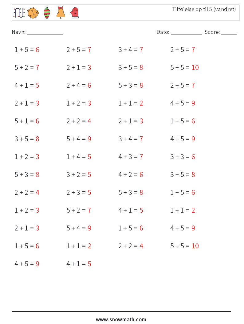 (50) Tilføjelse op til 5 (vandret) Matematiske regneark 9 Spørgsmål, svar