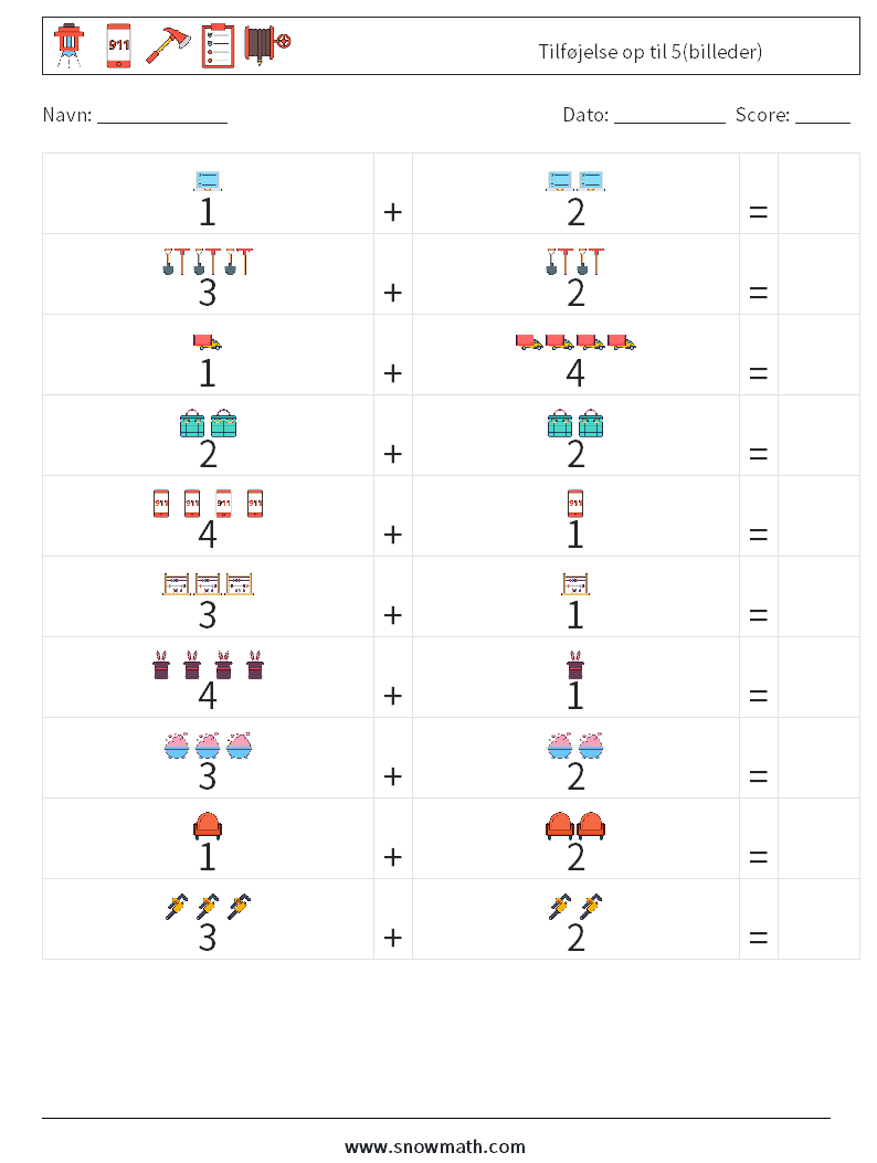 Tilføjelse op til 5(billeder) Matematiske regneark 1