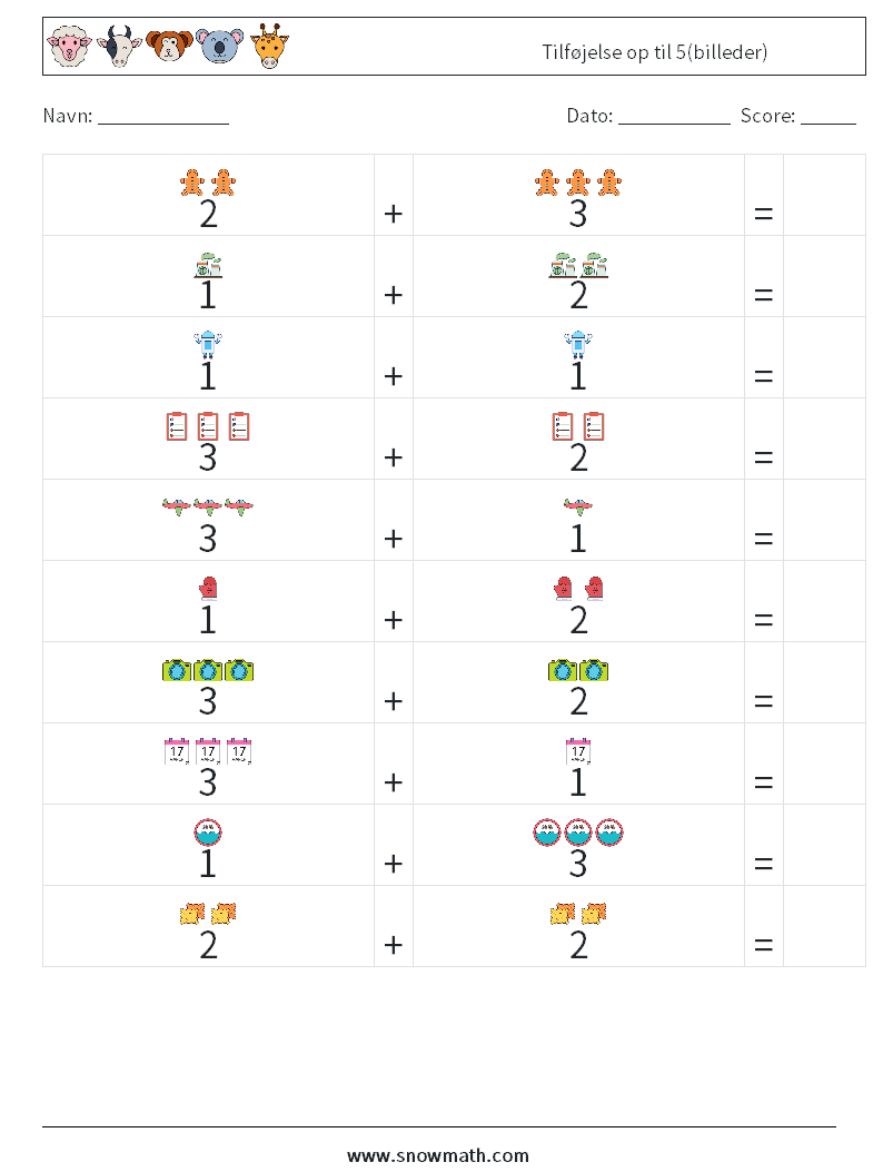 Tilføjelse op til 5(billeder) Matematiske regneark 10