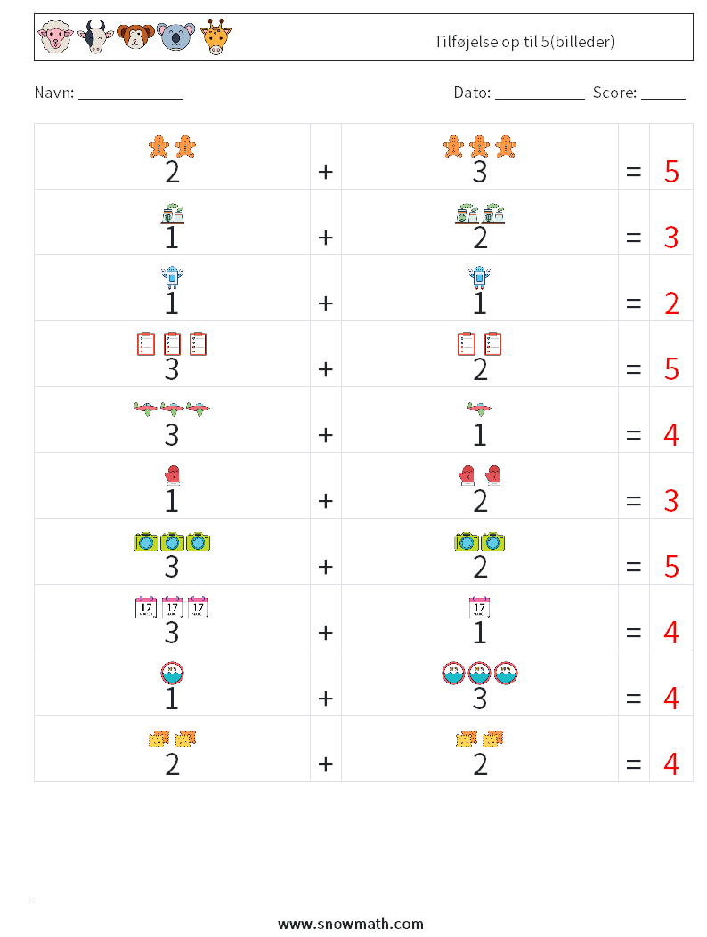 Tilføjelse op til 5(billeder) Matematiske regneark 10 Spørgsmål, svar