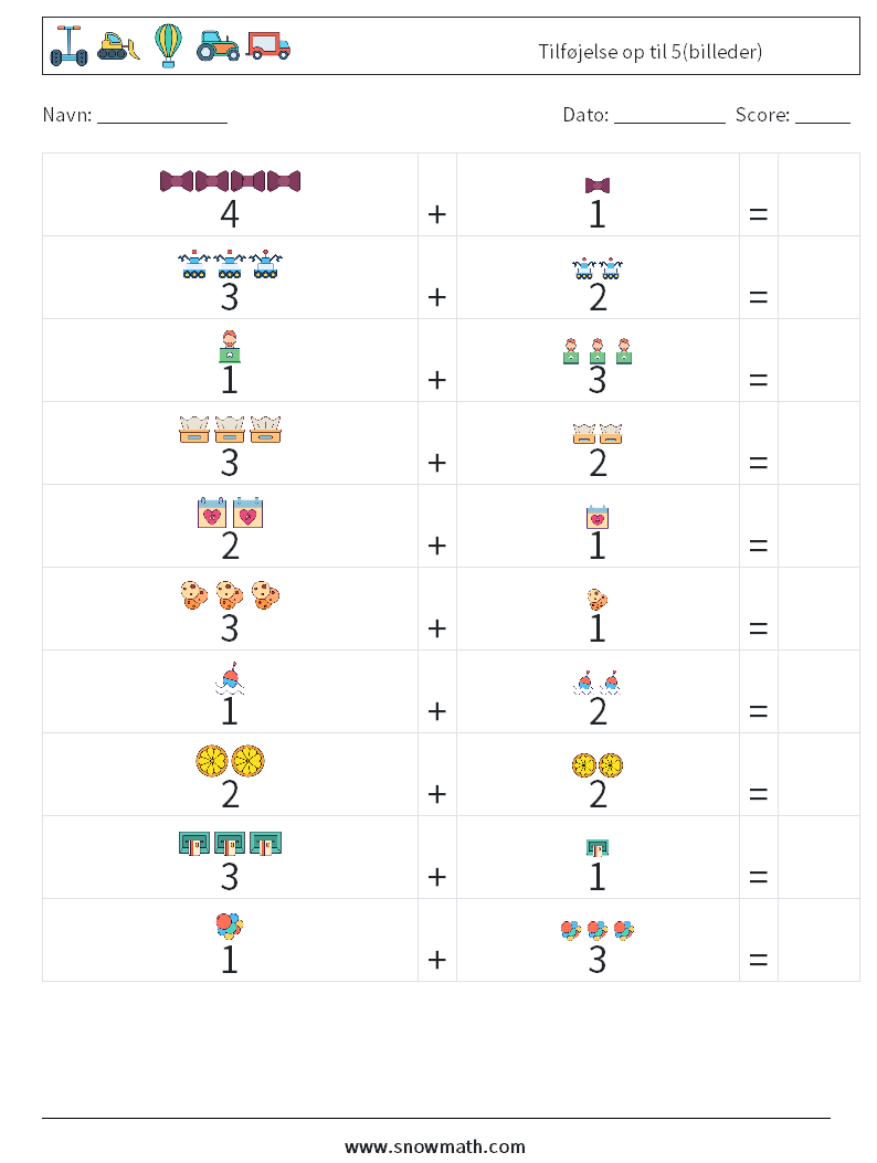 Tilføjelse op til 5(billeder) Matematiske regneark 11