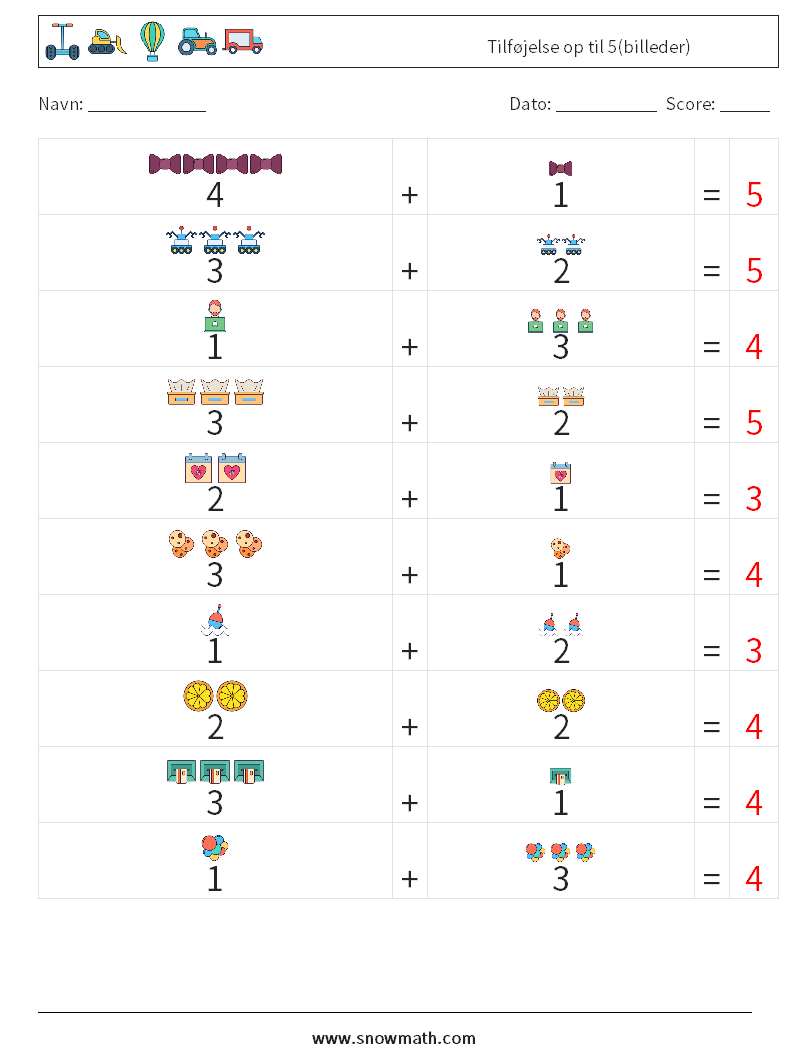 Tilføjelse op til 5(billeder) Matematiske regneark 11 Spørgsmål, svar